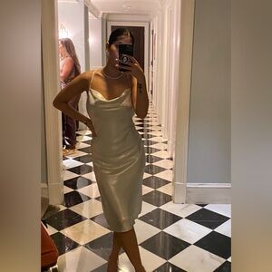 Satin Cowl Neck Slip Dress in Metallic White
